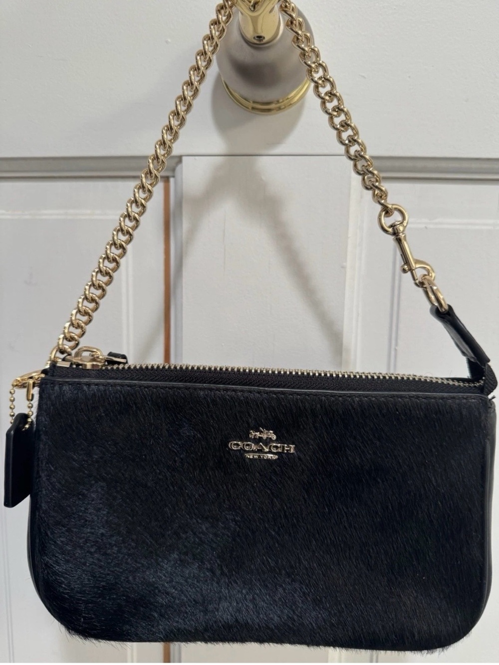 Coach Black Calfskin Wristlet with Gold Chain Strap